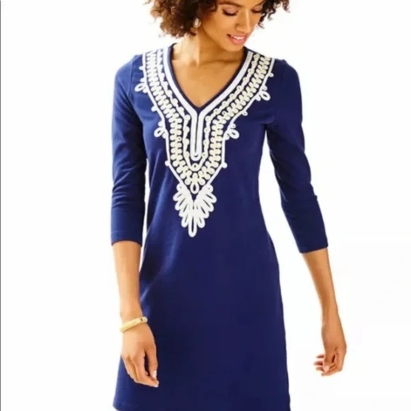 Lilly Pulitzer Clarkson Navy gold trim white scroll 3/4 sleeve dress Embroidered - Picture 6 of 12